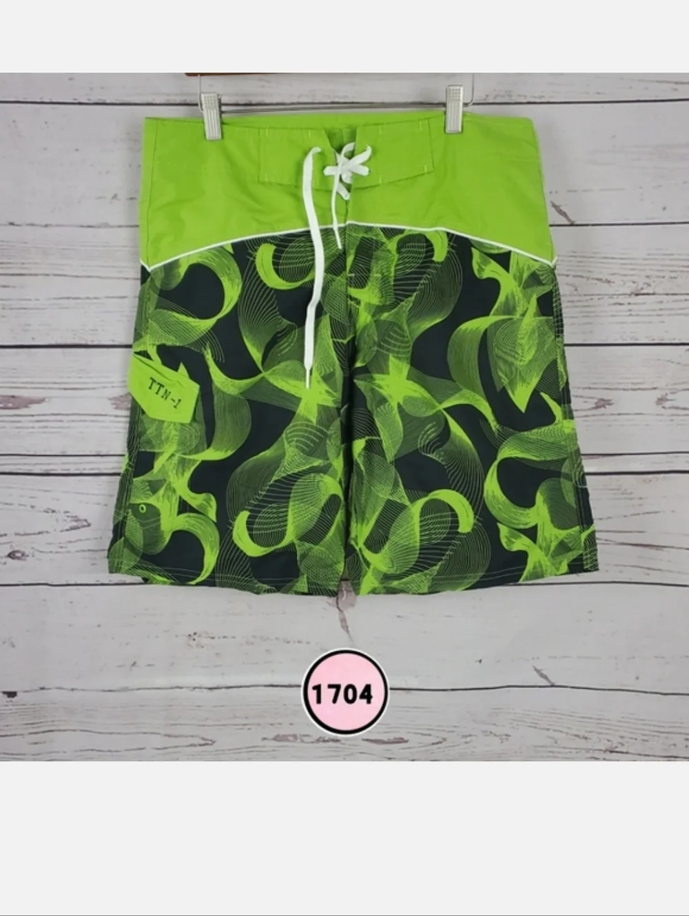 Neon Green Wave Pattern Men's Swim Trunks - Picture 1 of 5